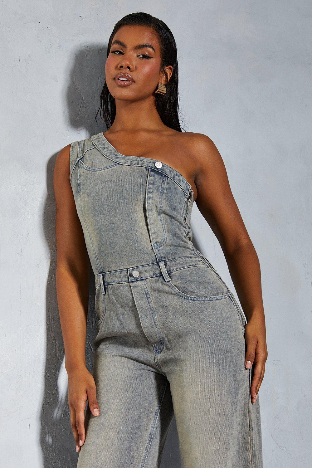 One shoulder denim jumpsuit on sale